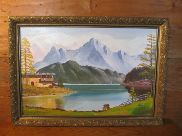 lot 207 image: Framed Signed Vintage Cabin on a Lake Landscape Painting - Lake Toblach - Dolomite Mountains