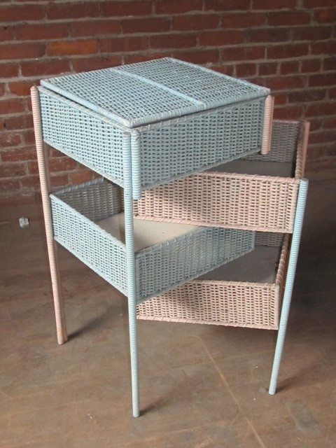 lot 53 image: Vintage Mid Century Iron & Wicker Folding Storage Table