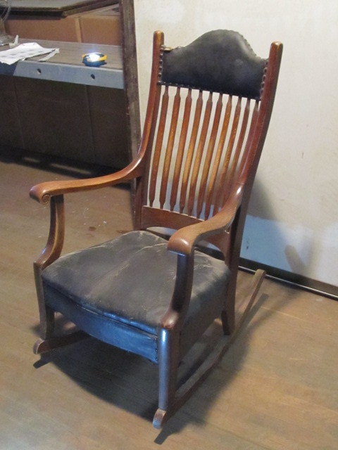 lot 80 image: Large Antique Rocking Chair w Padded Seat and Head Rest