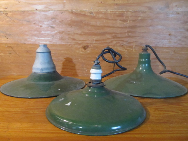 lot 212 image: 3 Vintage IndustrialService Station Green Porcelain Disc-Shaped Light Fixtures