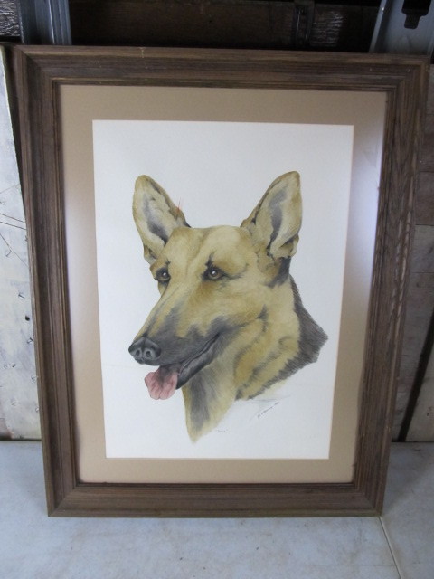 lot 304 image: Framed Signed Vintage GERMAN SHEPARD Original Watercolor & Ink Painting