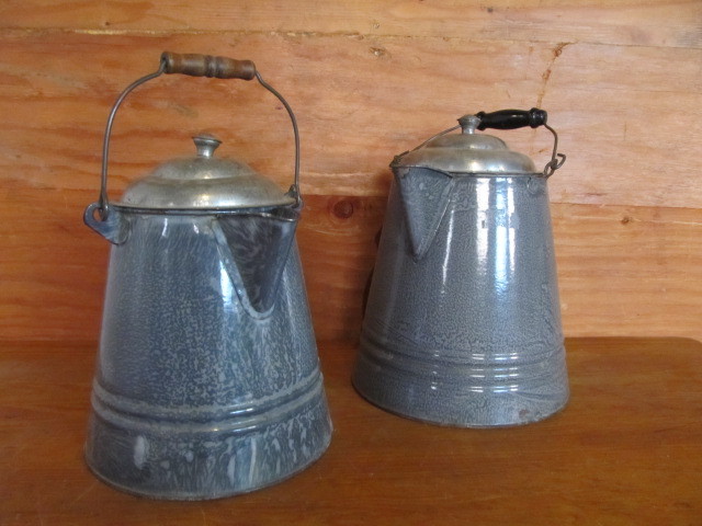 lot 129 image: Pair of Large Antique Graniteware Coffee Pots