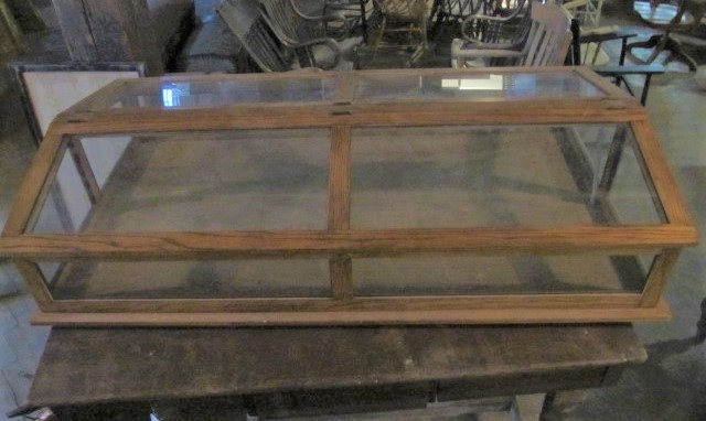 lot 355 image: Large Vintage Solid Oak & Glass Tabletop Store Display Cabinet