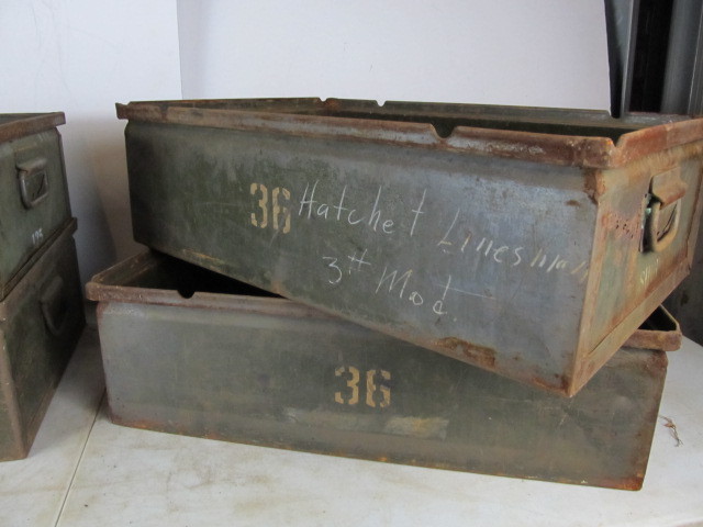 lot 454 image: LOT OF 4 Old Vintage Industrial Green Stackable Steel Warehouse Bins