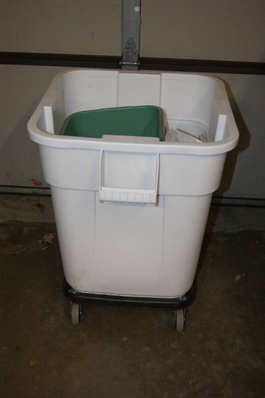 28 Gal. Garbage Can on Wheels and Misc.