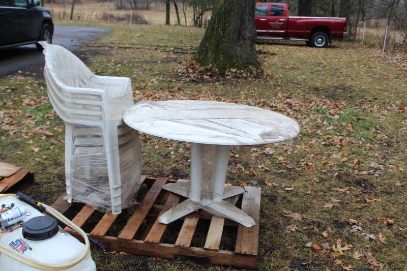 lot 269 image: Patio Tables, 4-Stacking Patio Chairs