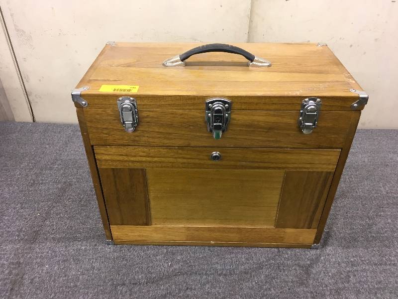 lot 191 image: Wood Tool Box W Misc Tools