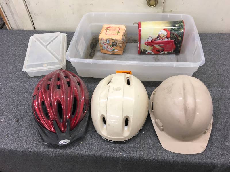 lot 229 image: Christmas Mailbox, Avon Snuggly Mouse Ceramic Candle Holder, Two Bicyle Helmets, & Construction Helmet