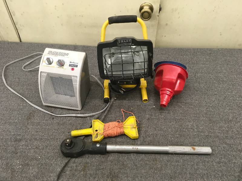 lot 243 image: Funnels, Light, Holmes Ceramic Heater, Socket Wrench