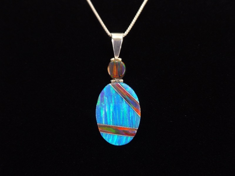 lot 1 image: .925 Sterling Silver Multi Colored Opal Pendant Necklace
