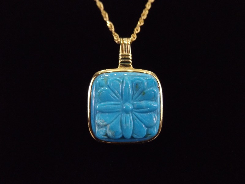 lot 3 image: .925 Sterling Silver Carved Turquoise Vermeil Pendant Necklace