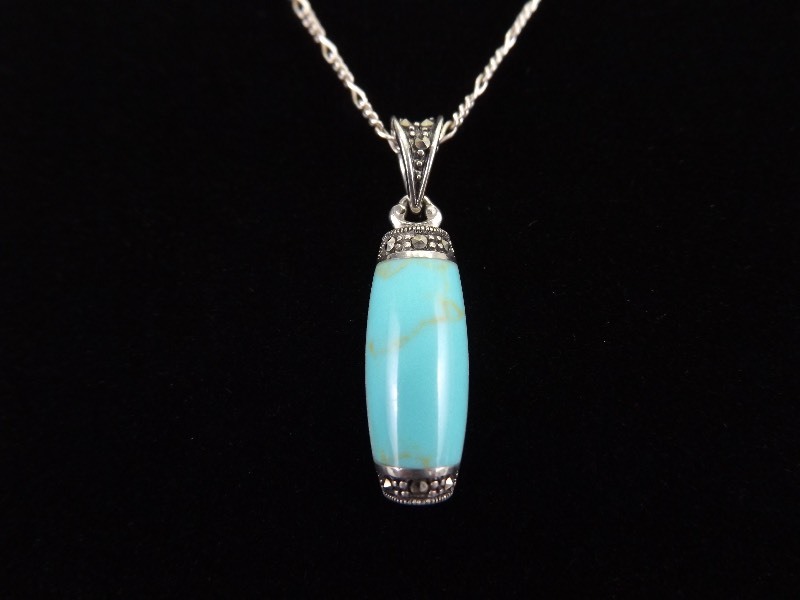 lot 4 image: .925 Sterling Silver Art Nouveau Turquoise Cabochon Pendant Necklace