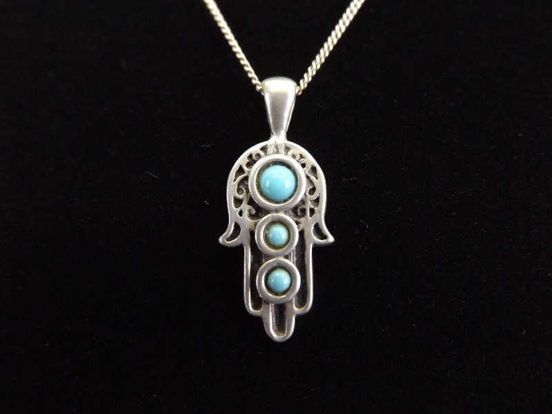lot 9 image: .925 Sterling Silver Turquoise Enamel Hamsa Pendant Necklace