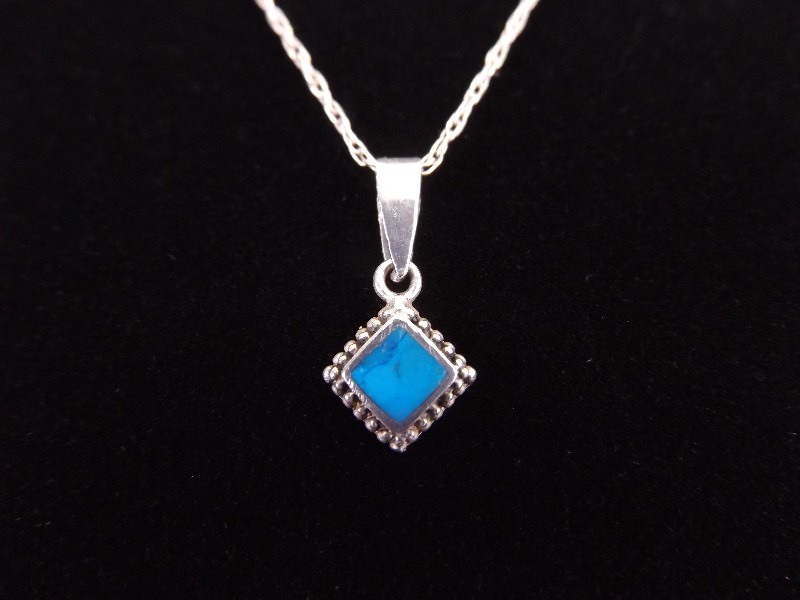 lot 11 image: .925 Sterling Silver Inlayed Turquoise Diamond Pendant Necklace