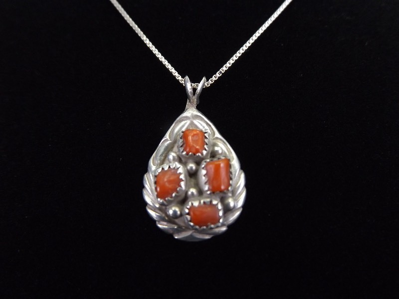 lot 13 image: .925 Sterling Silver Raw Red Coral Pendant Necklace