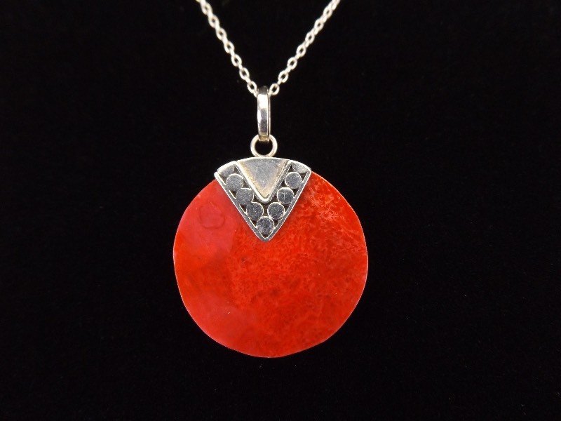 lot 14 image: .925 Sterling Silver Red Coral Sun Disc Pendant Necklace
