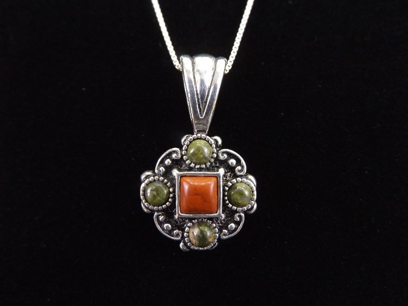 lot 17 image: .925 Sterling Silver 2 Sided Zoisite, Red Coral and Petrified Wood Pendant Necklace