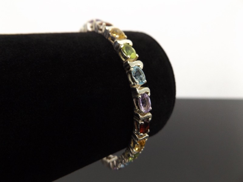 lot 26 image: .925 Sterling Silver Multi Colored Faceted Crystal Bracelet