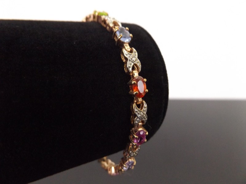lot 30 image: .925 Sterling Silver Diamond Accented Multi Colored Faceted Stone Vermeil Bracelet