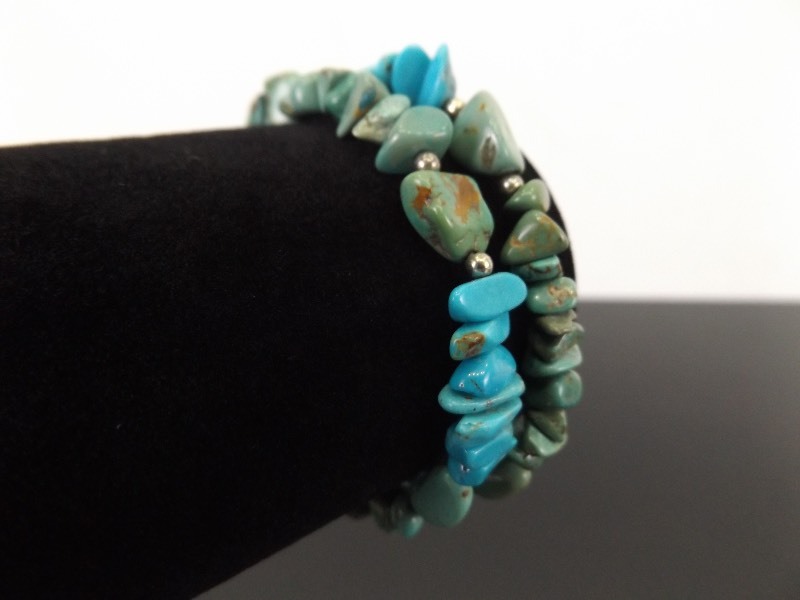 lot 33 image: .925 Sterling Silver 2 Strand Semi Polished Raw Turquoise Bracelet