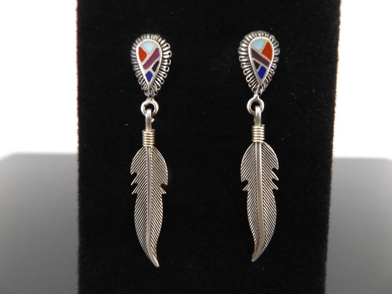 lot 63 image: .925 Sterling Silver Multi Stone Navajo Eagle Feather Post Earrings