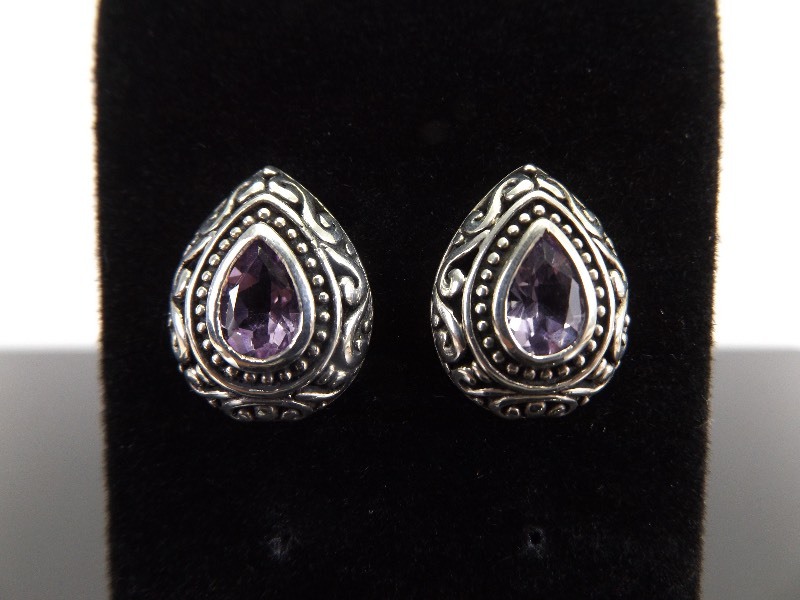 lot 64 image: .925 Sterling Silver Pear Cut Amethyst Art Nouveau Post Earrings