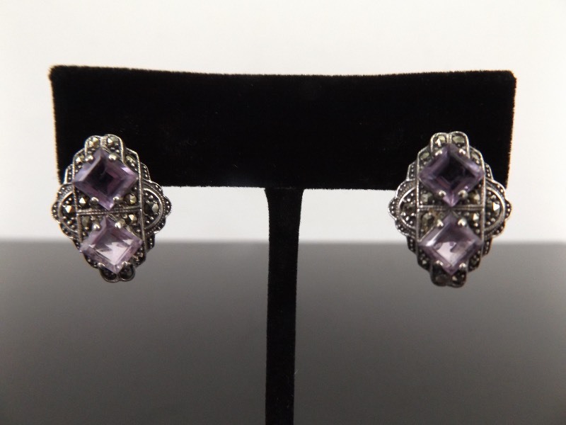 lot 65 image: .925 Sterling Silver Amethyst Art Nouveau Post Clasp Earrings