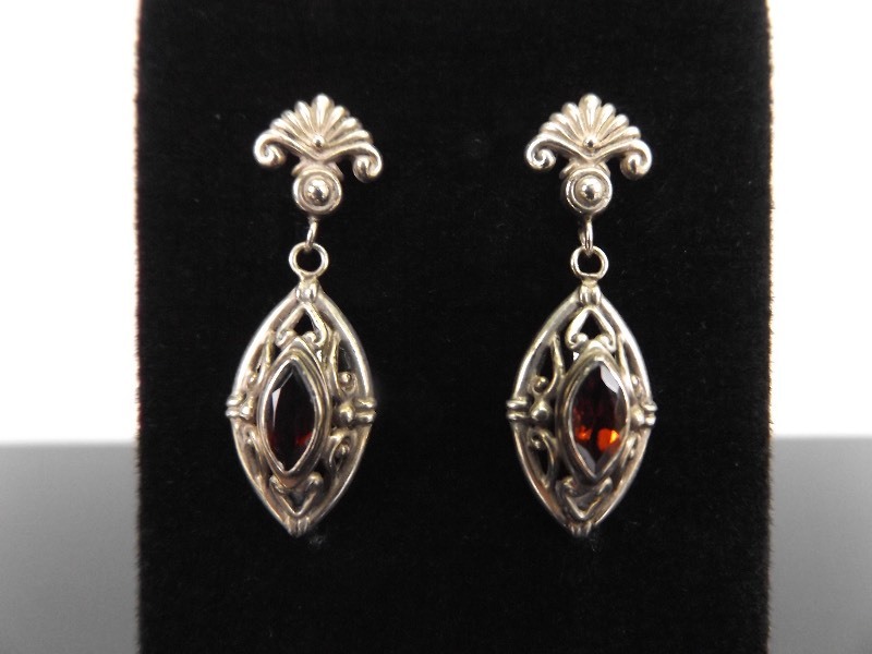 lot 68 image: .925 Sterling Silver Garnet Scroll Post Dangle Earrings