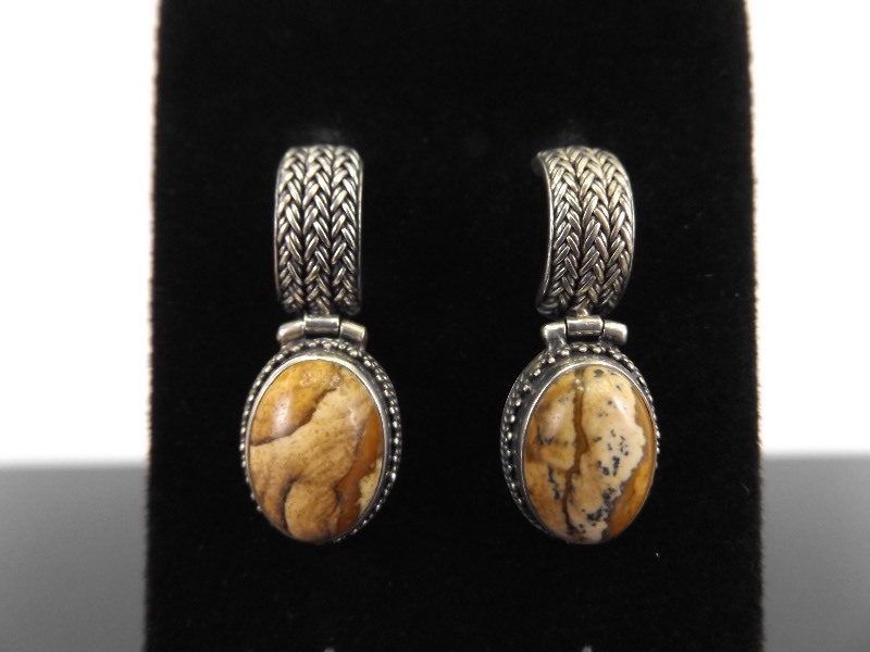 lot 73 image: .925 Sterling Silver Lori Bonn Jasper Cabochon Half Hoop Hinge Post Earrings