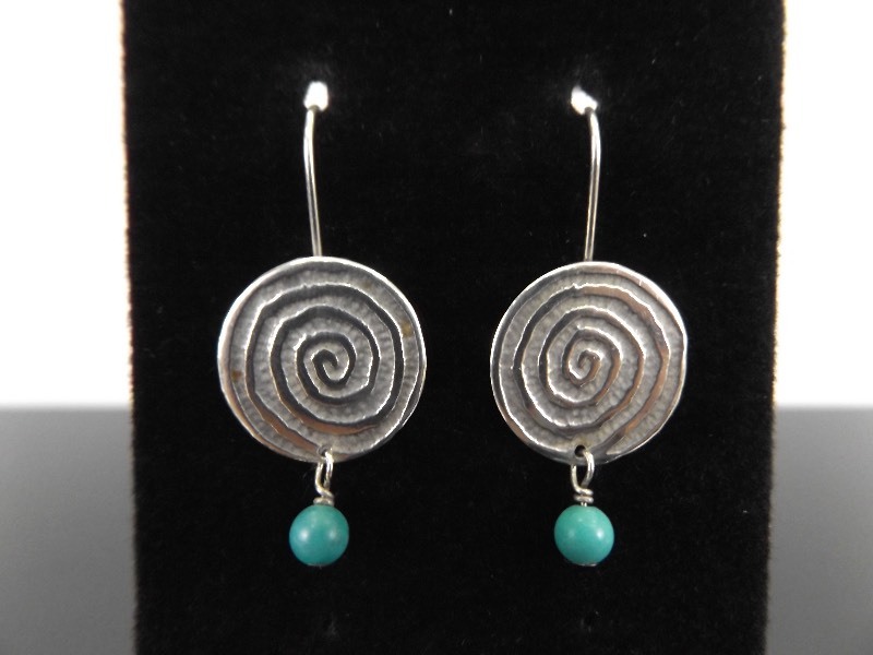lot 80 image: .925 Sterling Silver Artisan Swirl Turquoise Bead Hook Earrings