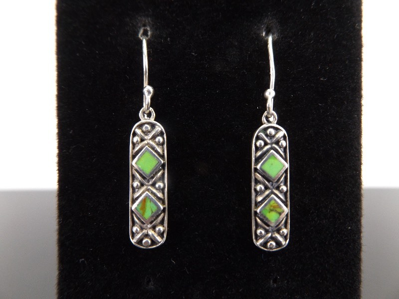 lot 82 image: .925 Sterling Silver Inlayed Malachite Hook Dangle Earrings