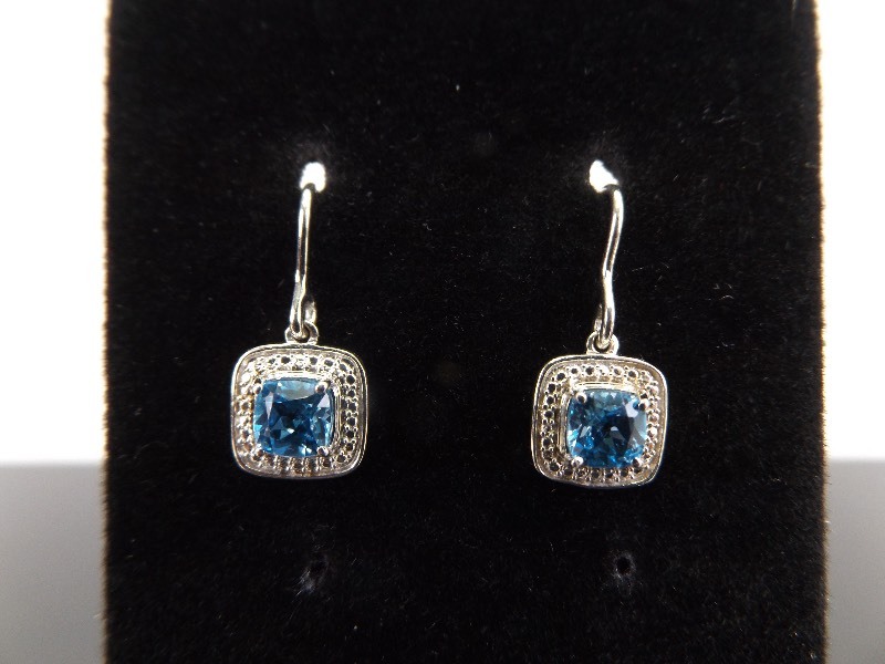 lot 83 image: .925 Sterling Silver Diamond Accented Topaz Hook Dangle Earrings