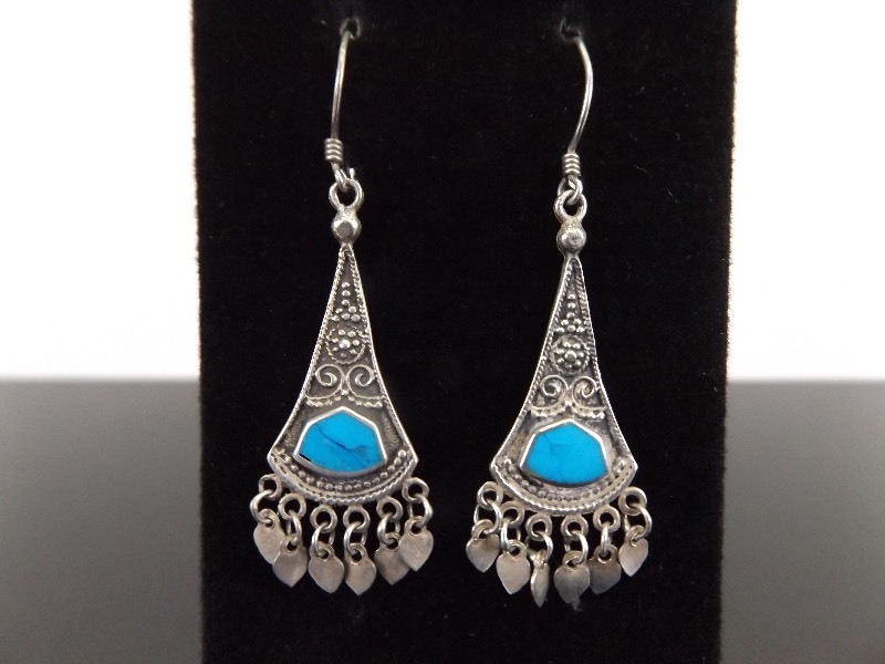 lot 87 image: .925 Sterling Silver Inlayed Howlite Hook Dangle Earrings