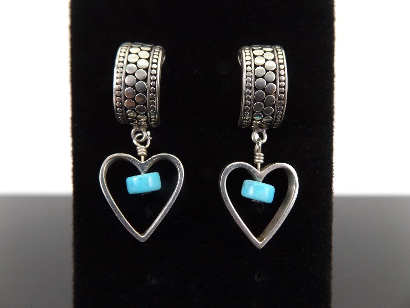 lot 92 image: .925 Sterling Silver Turquoise Heart Half Hoop Post Dangle Earrings
