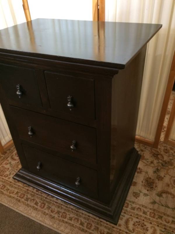 Beautiful Dark Espresso Stained Solid Wood&nbspChest Of Drawers Tall Dresser - Love The Ornate Hanging Drawer Pulls - Great Condition - Matches Lot #1