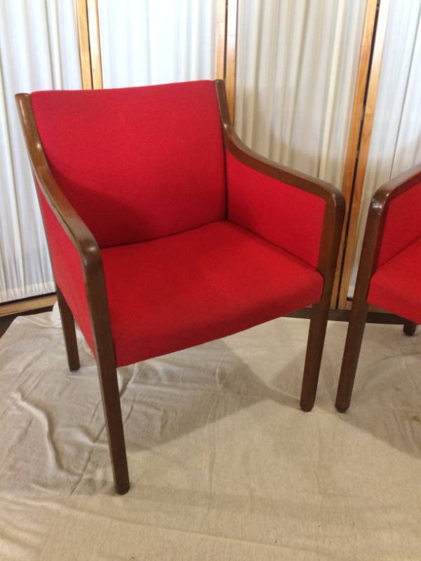 Fabulous Pair Mid Century Modern Gunlocke Co Walnut Wood &amp Red Upholstered Accent Arm Chairs - Great Condition - No Tears To Fabric But Could Use Overall Light Cleaning