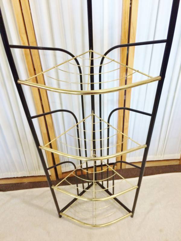 Mid Century Modern Design Gold &amp Black 3 Tier Corner Shelf Plant Stand - Great Condition - Very Little Wear For Age