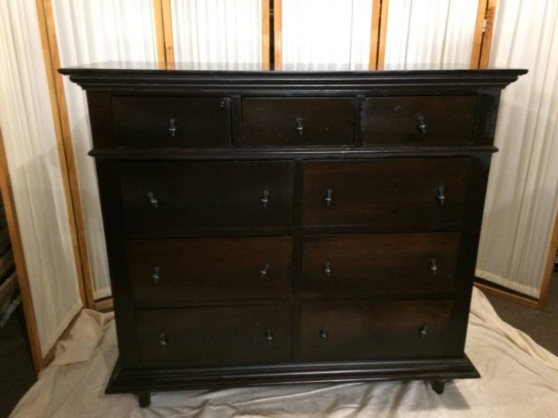 Beautiful Dark Espresso Stained Solid Wood&nbsp9 Drawer Tall Dresser - Love The Ornate Hanging Drawer Pulls - Great Condition - Matches Lot #2 This Also Would Make A Beautiful Dining Room Sideboard