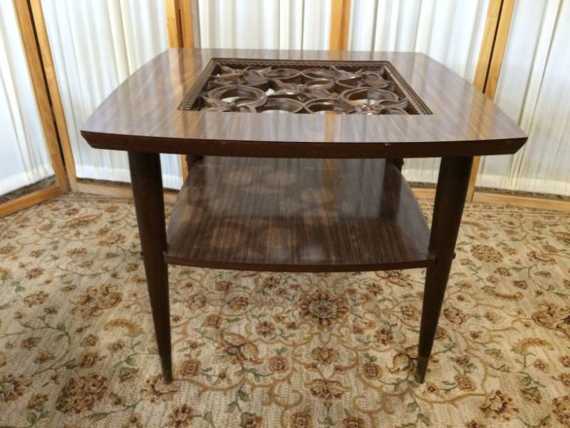 Retro Flower Power Mid Century Danish Modern Mersman Style End Table With Floral Geometric Cutout Design &amp Brass Cap Tapered Legs - Great Condition However Center Glass Needs To Be Replaced