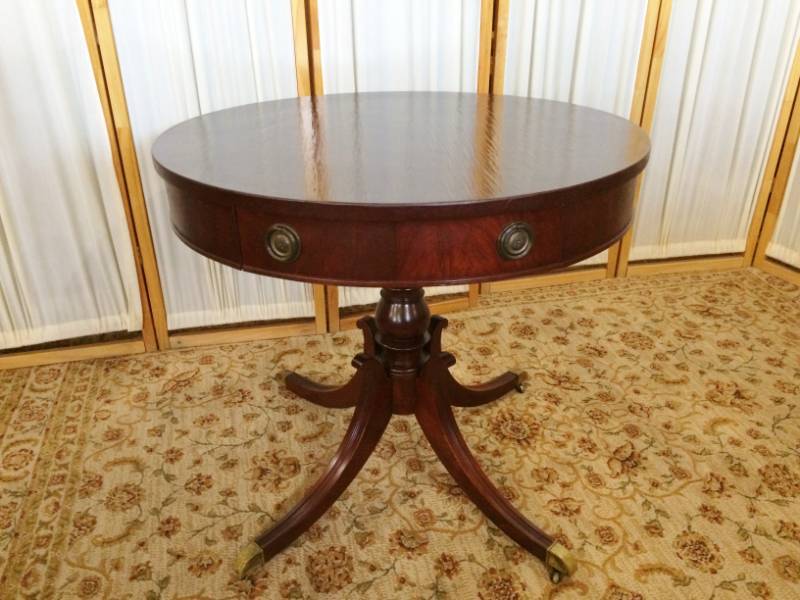 Anitque Mahogany Drum Side Table With Drawer &amp Brass Castered Wheel Legs - Great Condition