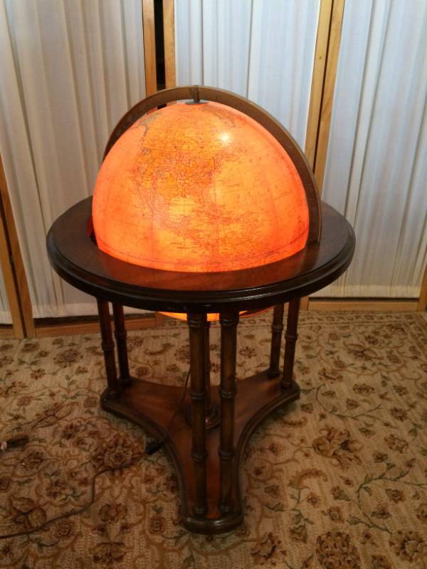 Vintage Replogle Heirloom Globe Mobile World Illuminated (Two Settings) Lamp 16 Spinning Orb Earth Planet Map - Rare Bamboo Motif Legs Walnut Finish Stand On Casters - Great Condition - Minor Wear To Map At Seam