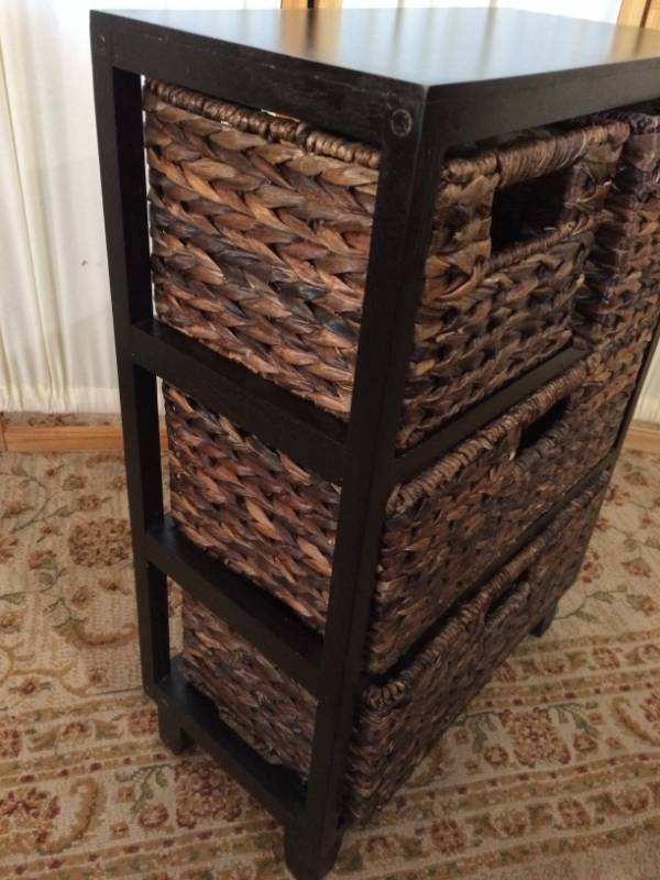 Seagrass Cubby Dresser - 4 Drawer Bins - Decorative Wood Storage Cubbies Shelf Organizer - Industrial Furniture Chest Basket - Black Espresso - Great Condition