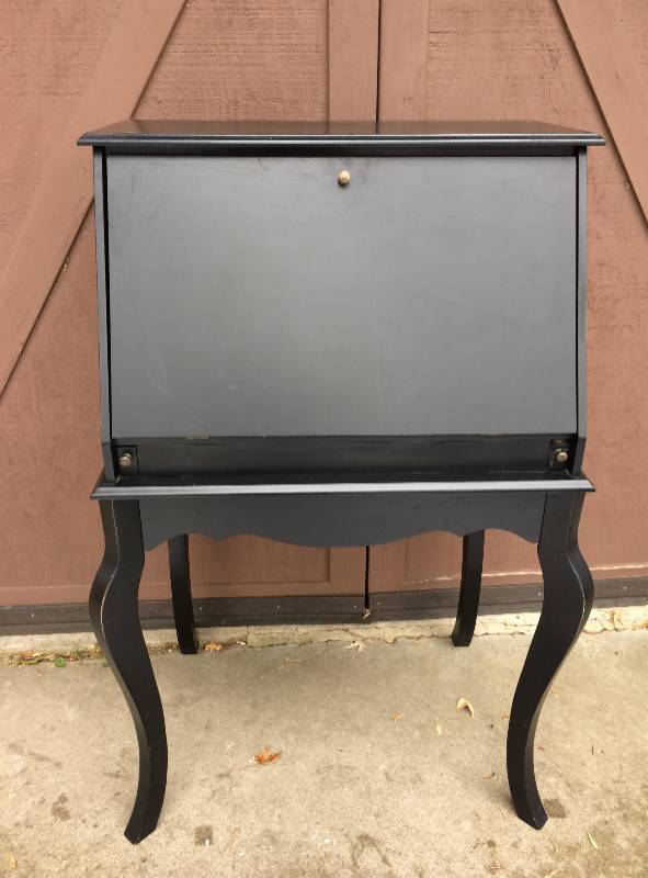 Lovely Classic French Style Black Finished Secretary Desk or Space Saving Credenza With Drop Down Writing Leaf and Cubby Drawers Plus Storage Shelves - Great Condition&nbsp&nbsp
