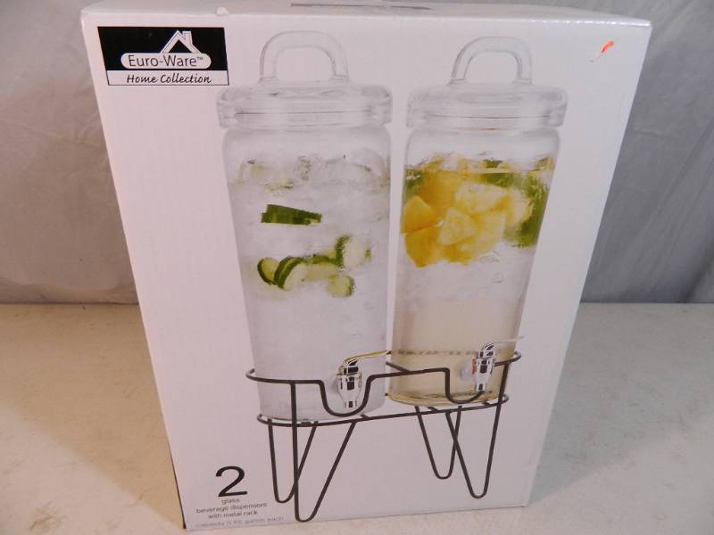 lot 112 image: New 2 Glass Beverage Dispensers with Metal Rack