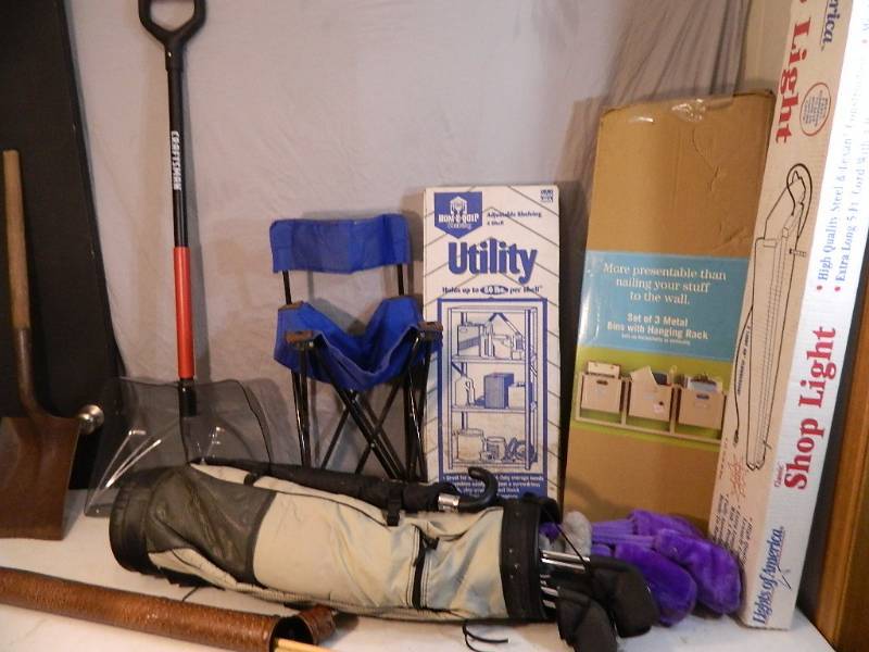 lot 203 image: New Shelf, Snow Shovel, Golf Clubs, Etc