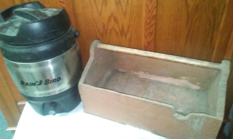 lot 73 image: Rain Bird Cooler  Wood Tote Box for Tools