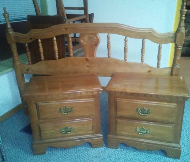 lot 234 image: 2 Nightstands, Headboard  metal frame.