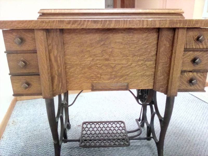 lot 525 image: Vintage Wood Sewing Cabinet with wrought iron base