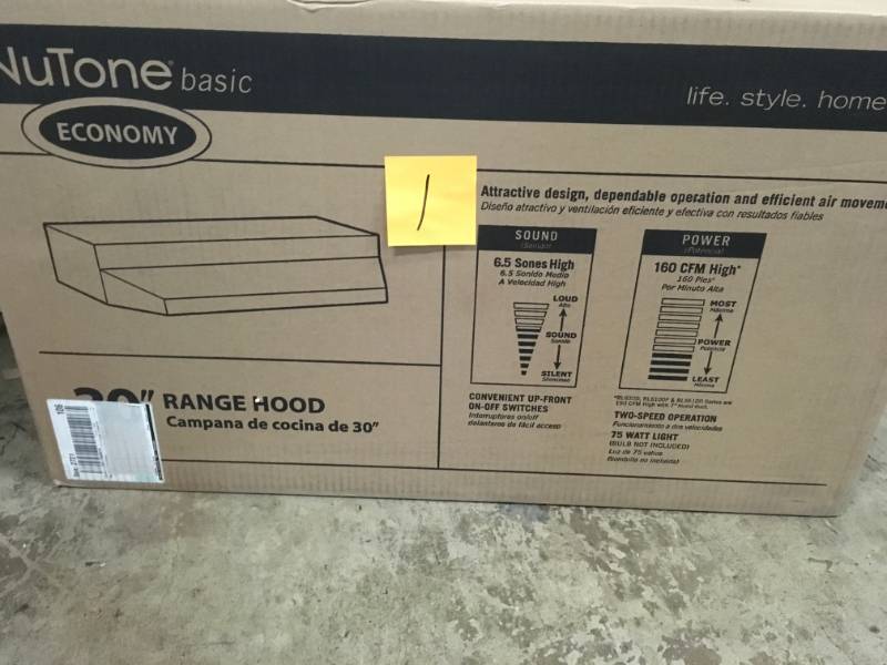 lot 1 image: NuTone RL6200 Series 30 in. Ductless Under Cabinet Range Hood with Light in Stainless Steel- not used
