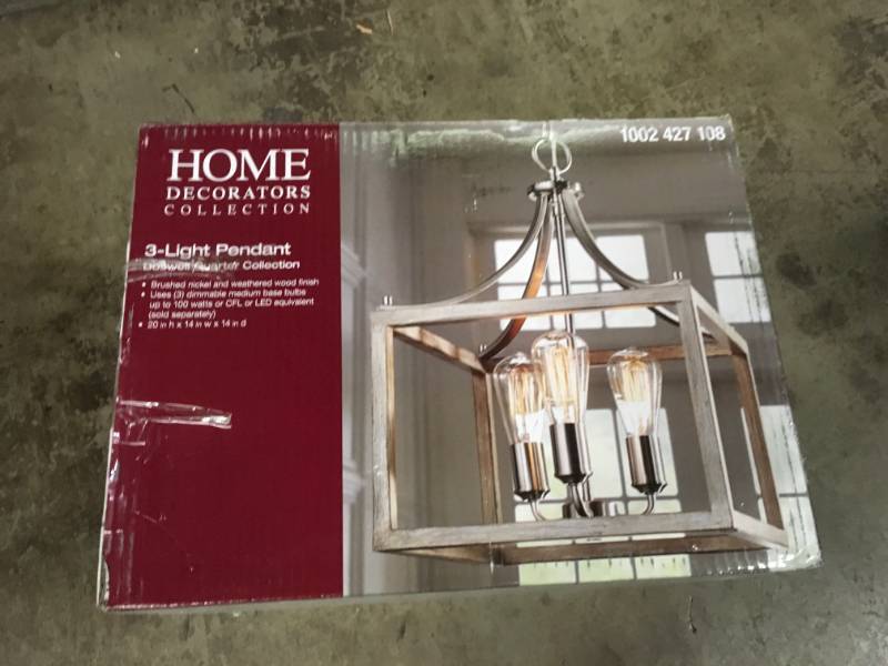 lot 3 image: Boswell Quarter 14 in. 3-Light Brushed Nickel Dining Room Table with Painted Weathered Gray Wood Accents- not used